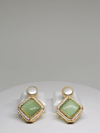 Green Square Stone Earrings with Beaded Border – Handmade Gold Stud Earrings for Women’s Unique Statement Style, Gift Ideas for her
