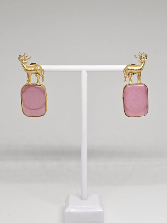 Gold Deer Monalisa Stone Earrings – Pink Gemstone Studs for Women, Elegant Animal Design Jewelry, Lightweight Earrings for Parties & Gifts