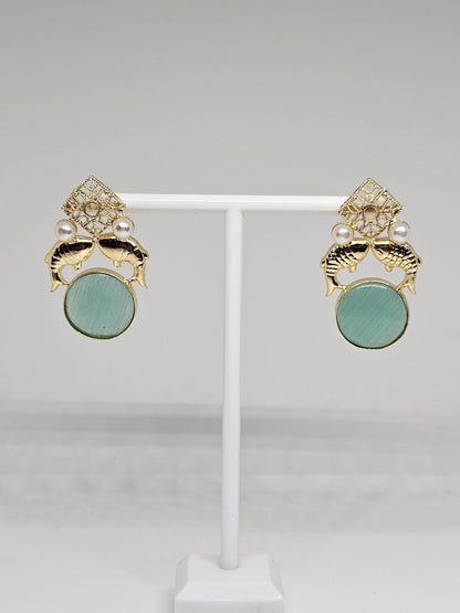 Gold Fish Design Earrings with Green Monalisa Stone – Elegant Animal-Inspired Jewelry, Pearl Accents, Lightweight Earrings for Women
