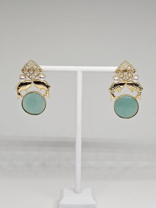 Gold Fish Design Earrings with Green Monalisa Stone – Elegant Animal-Inspired Jewelry, Pearl Accents, Lightweight Earrings for Women
