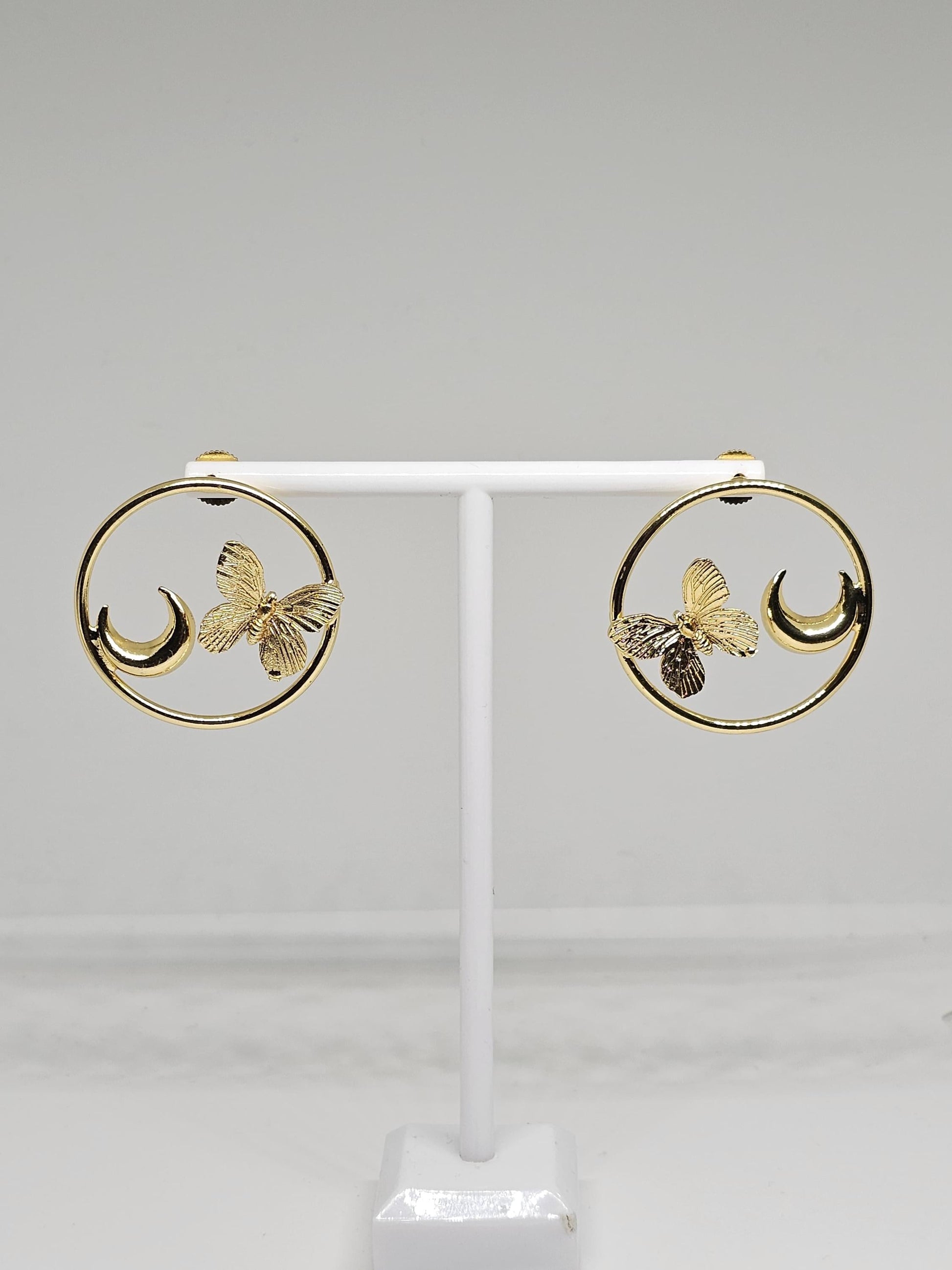 Gold butterfly crescent moon dangle earrings