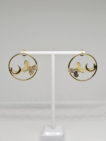 Gold butterfly crescent moon dangle earrings