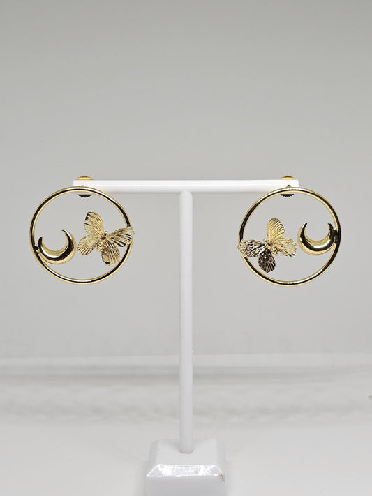 Gold butterfly crescent moon dangle earrings