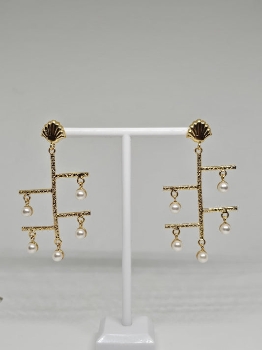 Modern gold-plated dangle earrings with geometric design and faux pearl drops, complemented by shell-inspired studs for elegance