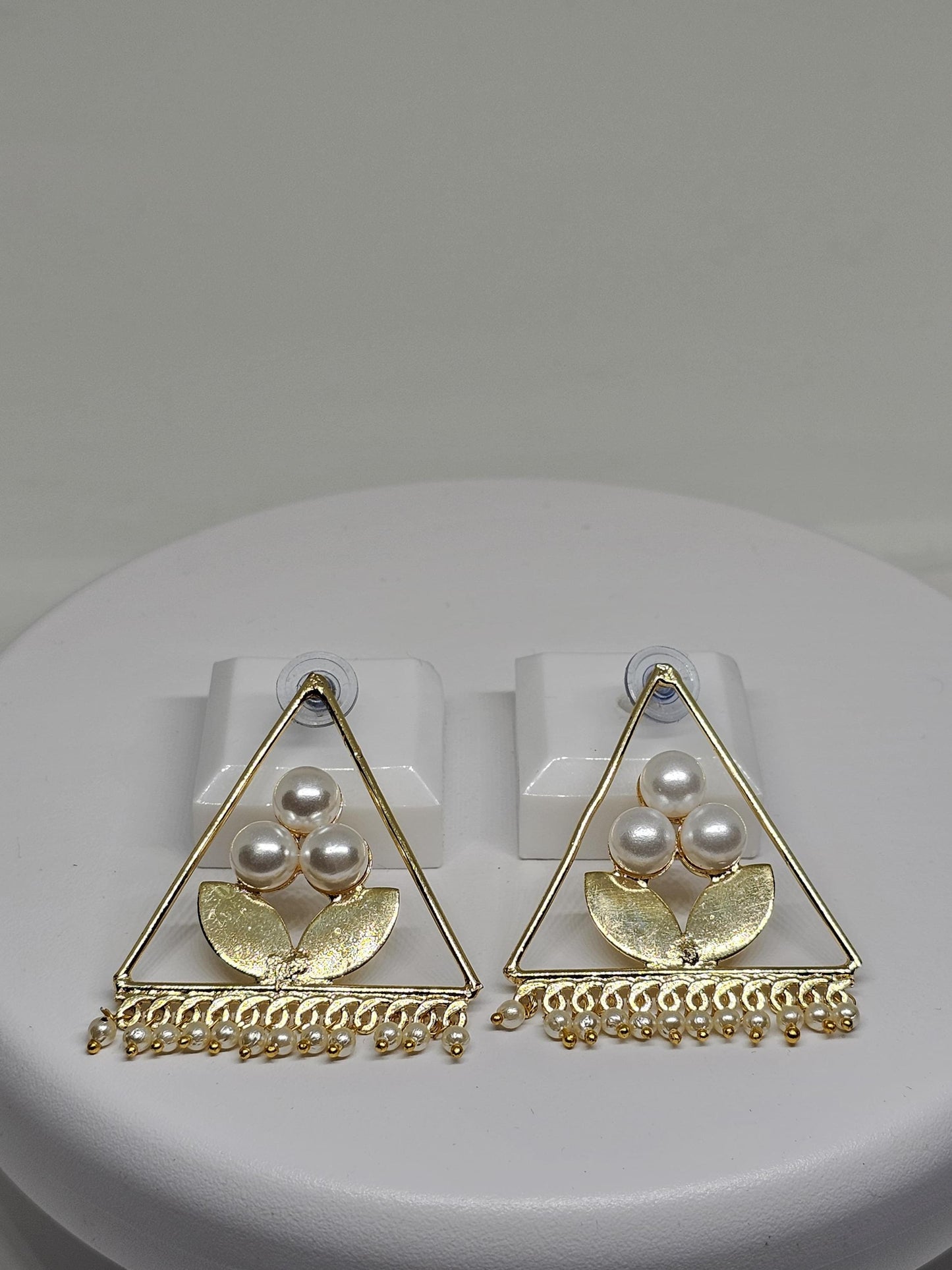 Elegant Triangle Pearl Earrings with Leaf Design, Lightweight Geometric Earrings for Women, Golden Brass Handmade Jewelry Gift for Her