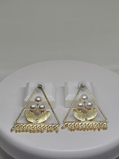 Elegant Triangle Pearl Earrings with Leaf Design, Lightweight Geometric Earrings for Women, Golden Brass Handmade Jewelry Gift for Her