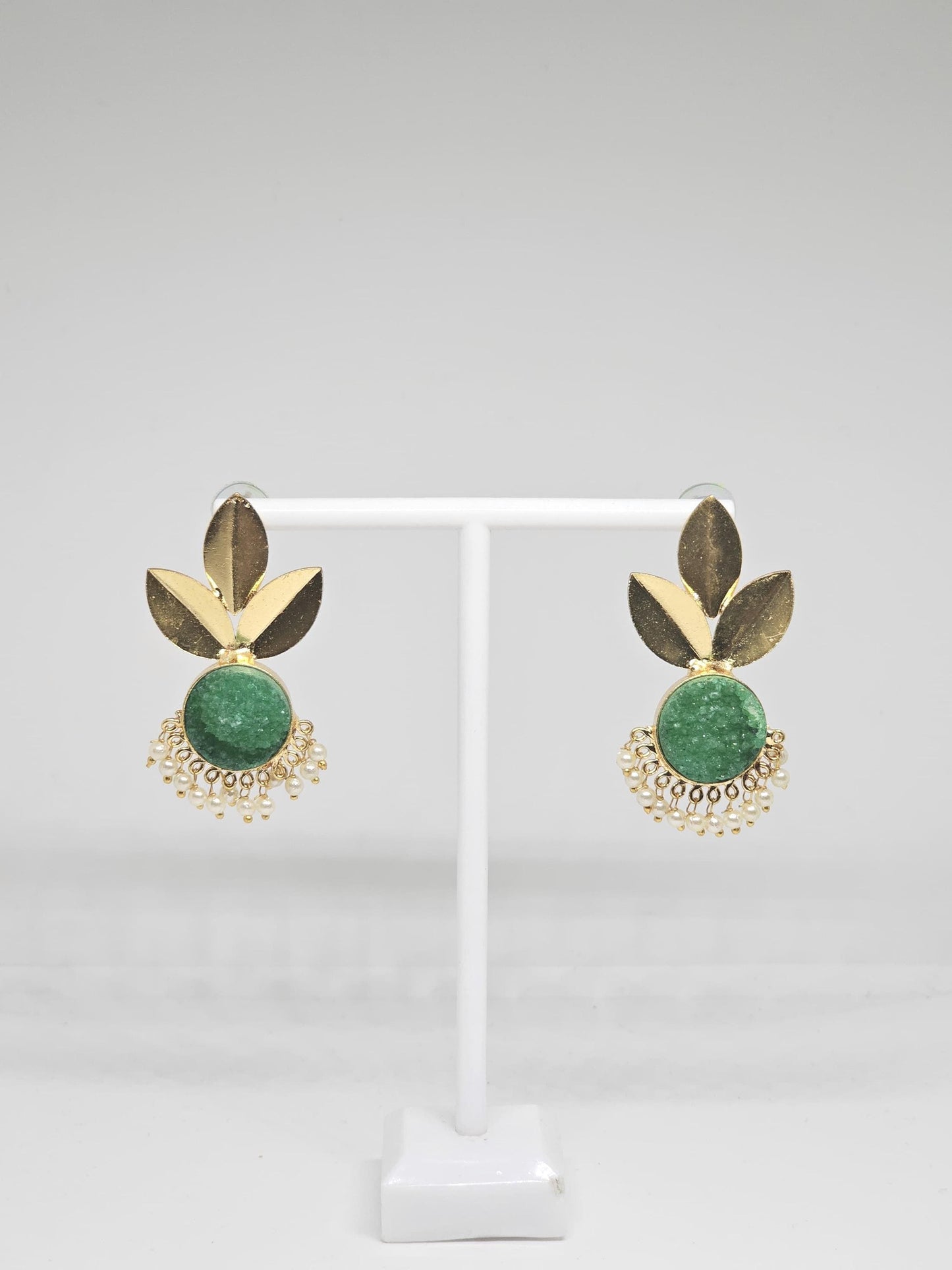 Leaf Design Earrings with Natural Stone Accent and Pearl Drops – Blue and Green Variants, Statement Brass Earrings for Women , Gold Plated