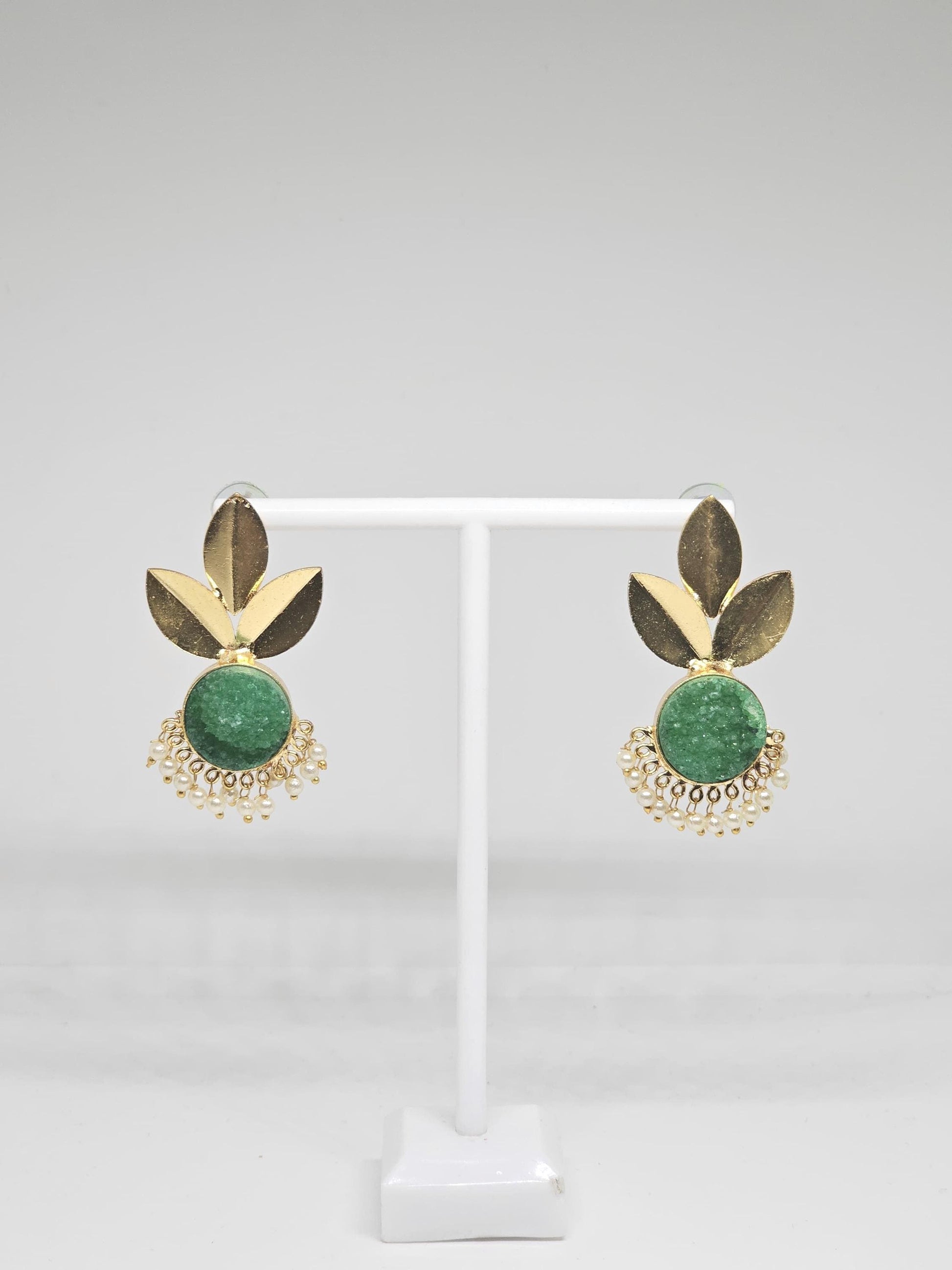 Leaf Design Earrings with Natural Stone Accent and Pearl Drops – Blue and Green Variants, Statement Brass Earrings for Women , Gold Plated