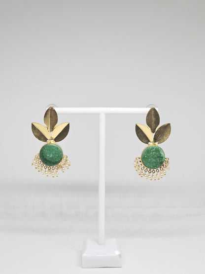 Leaf Design Earrings with Natural Stone Accent and Pearl Drops – Blue and Green Variants, Statement Brass Earrings for Women , Gold Plated