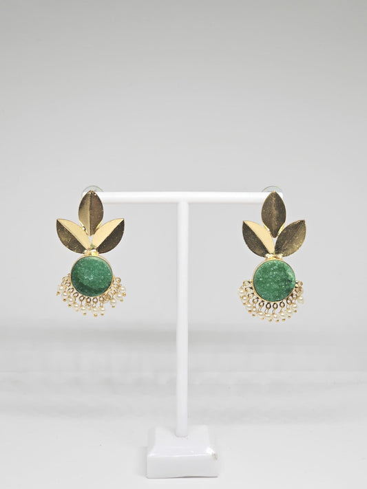 Leaf Design Earrings with Natural Stone Accent and Pearl Drops – Blue and Green Variants, Statement Brass Earrings for Women , Gold Plated