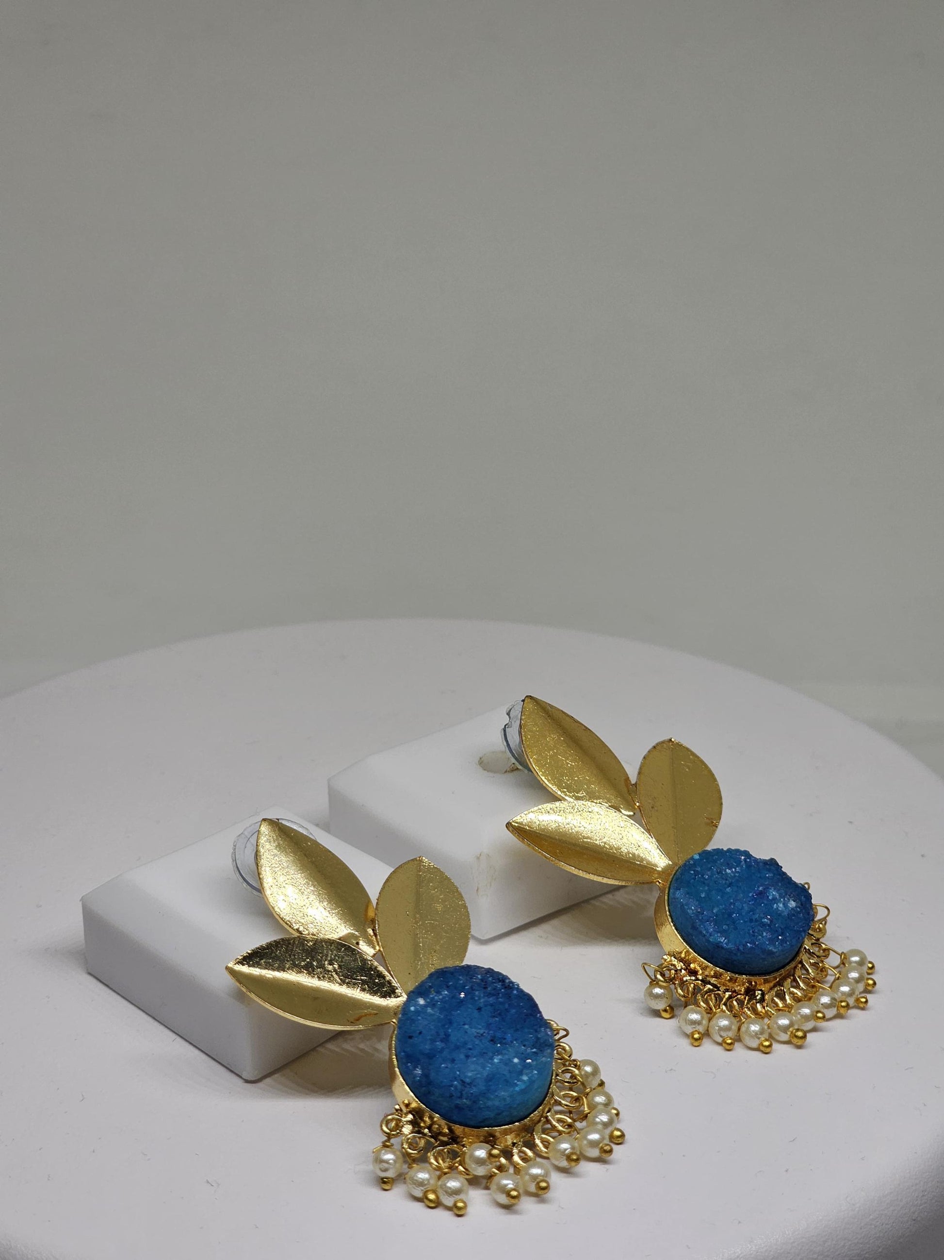 Leaf Design Earrings with Natural Stone Accent and Pearl Drops – Blue and Green Variants, Statement Brass Earrings for Women , Gold Plated