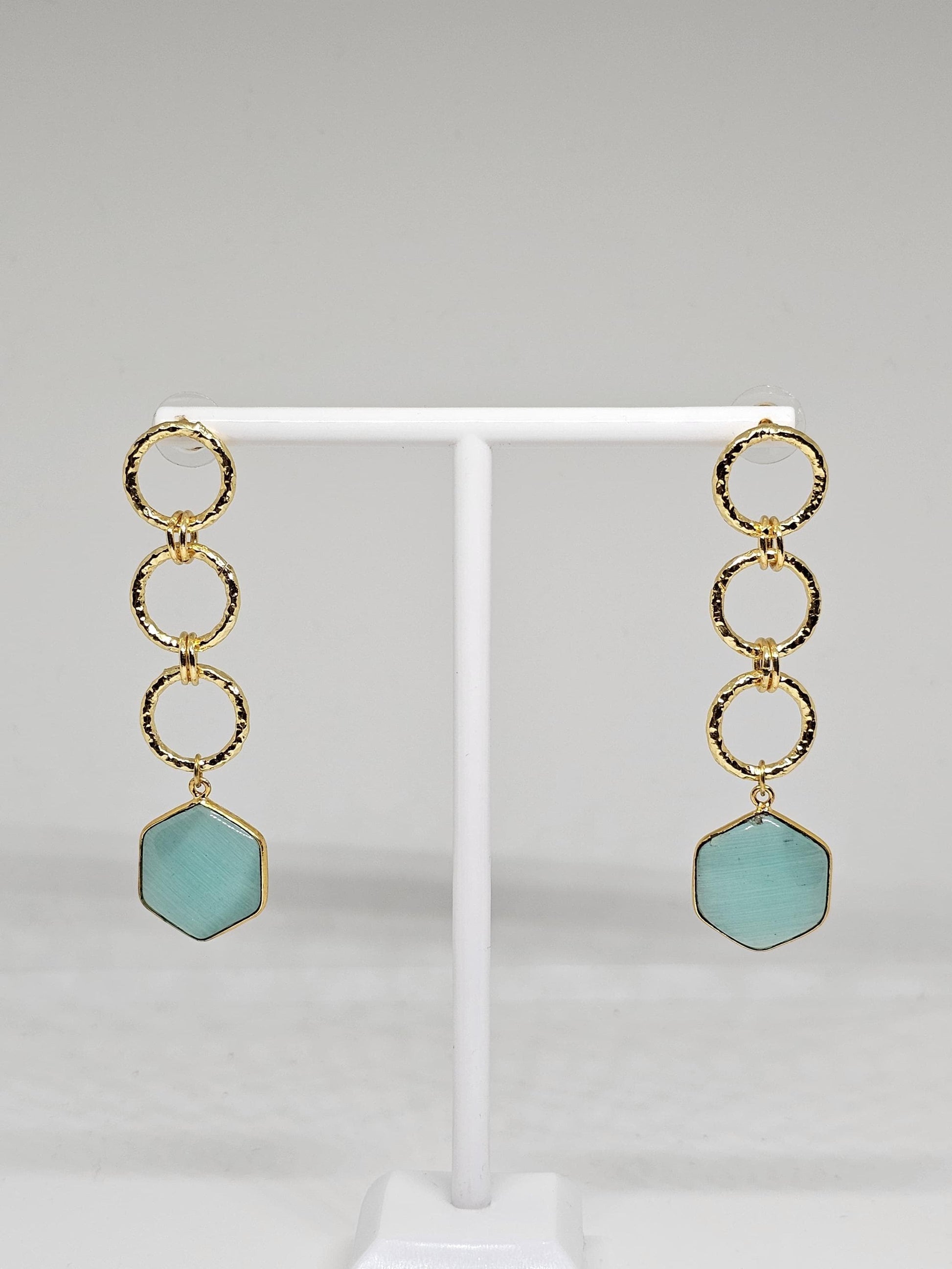 Gold Brass Hexagon Aqua Stone Dangle Earrings - Lightweight Geometric Earrings for Women - Elegant Gift Jewelry for Women, Christmas Gift