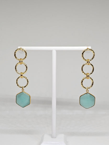 Gold Brass Hexagon Aqua Stone Dangle Earrings - Lightweight Geometric Earrings for Women - Elegant Gift Jewelry for Women, Christmas Gift