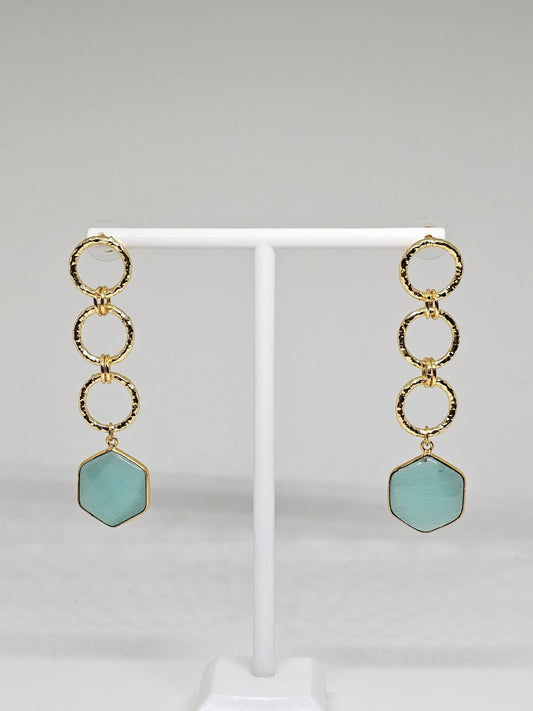Gold Brass Hexagon Aqua Stone Dangle Earrings - Lightweight Geometric Earrings for Women - Elegant Gift Jewelry for Women, Christmas Gift