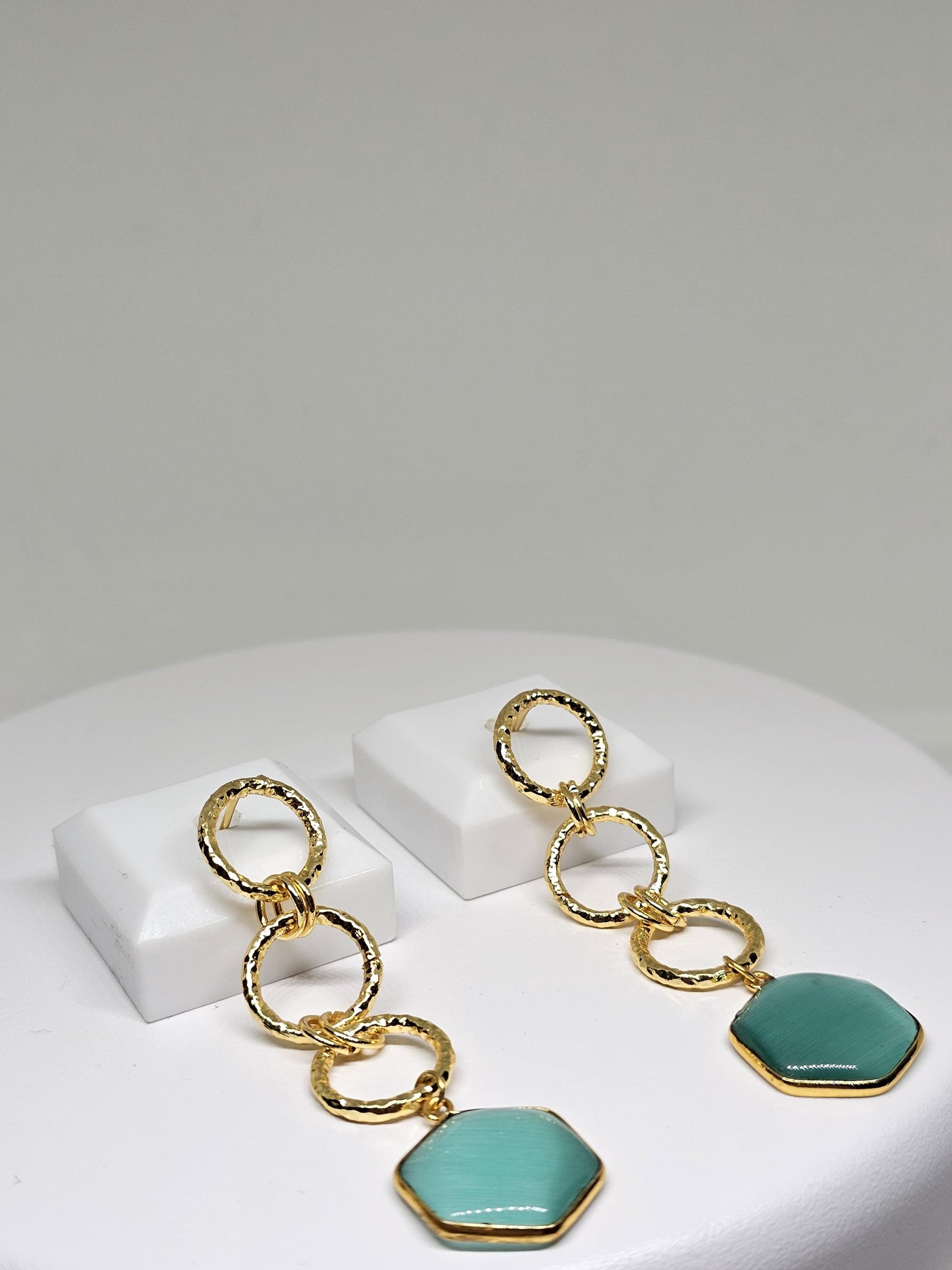 Gold Brass Hexagon Aqua Stone Dangle Earrings - Lightweight Geometric Earrings for Women - Elegant Gift Jewelry for Women, Christmas Gift