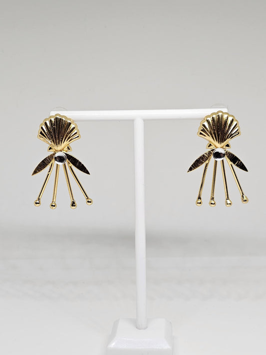 Golden Shell Dangle Earrings with Crystal Detail - Modern Statement Earrings for Women - Lightweight Sea-Inspired Jewelry , Brass Earrings