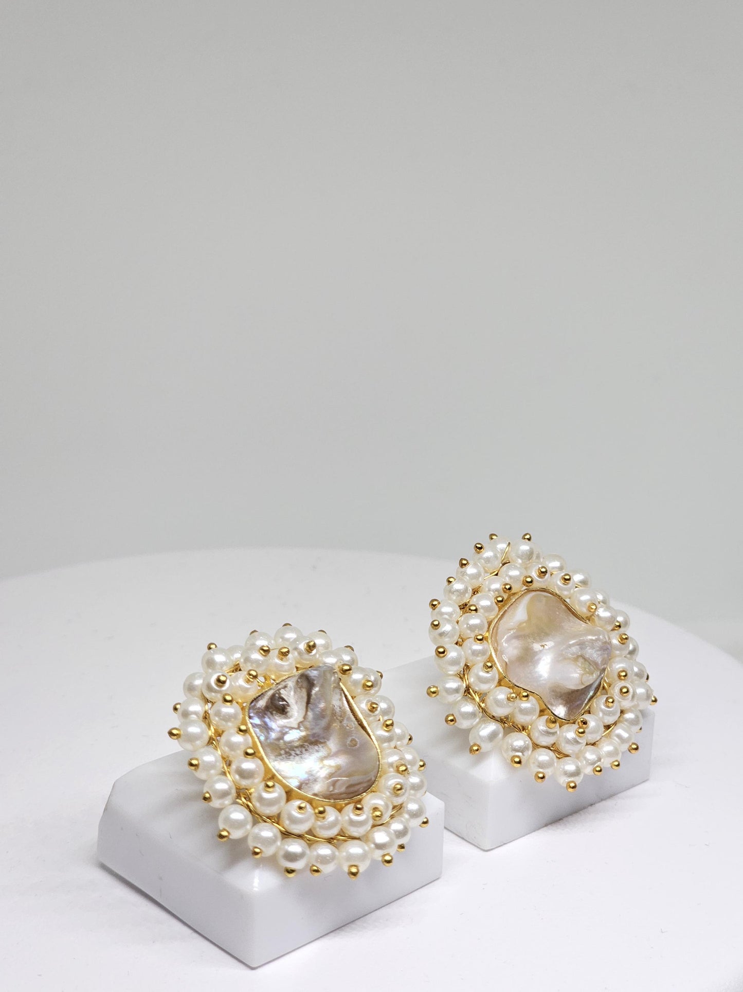 Handmade Baroque Pearl Stud Earrings with Pearl Halo Design – Elegant Brass Jewelry for Women, Lightweight Statement Earrings for Bridal