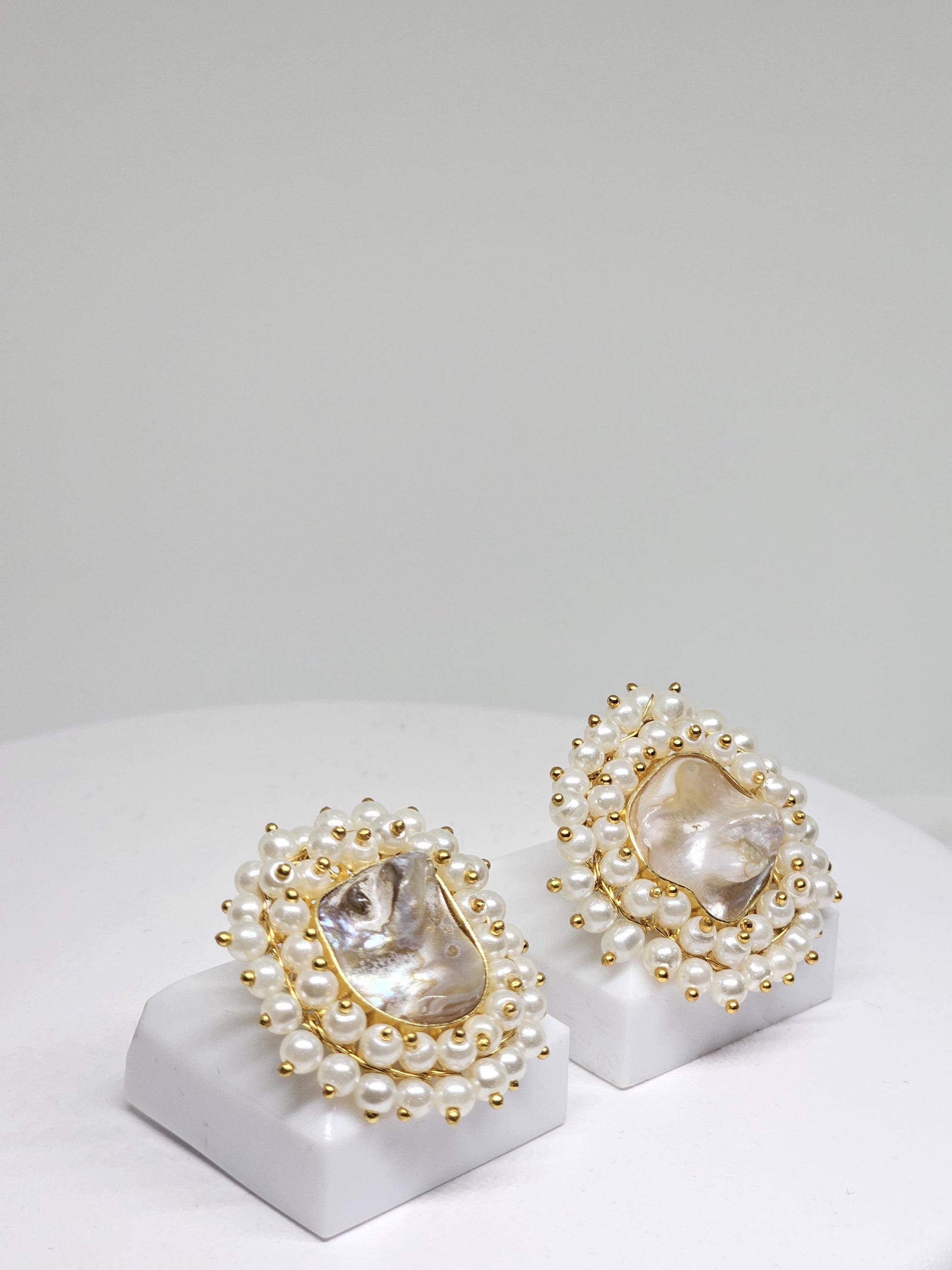 Handmade Baroque Pearl Stud Earrings with Pearl Halo Design – Elegant Brass Jewelry for Women, Lightweight Statement Earrings for Bridal