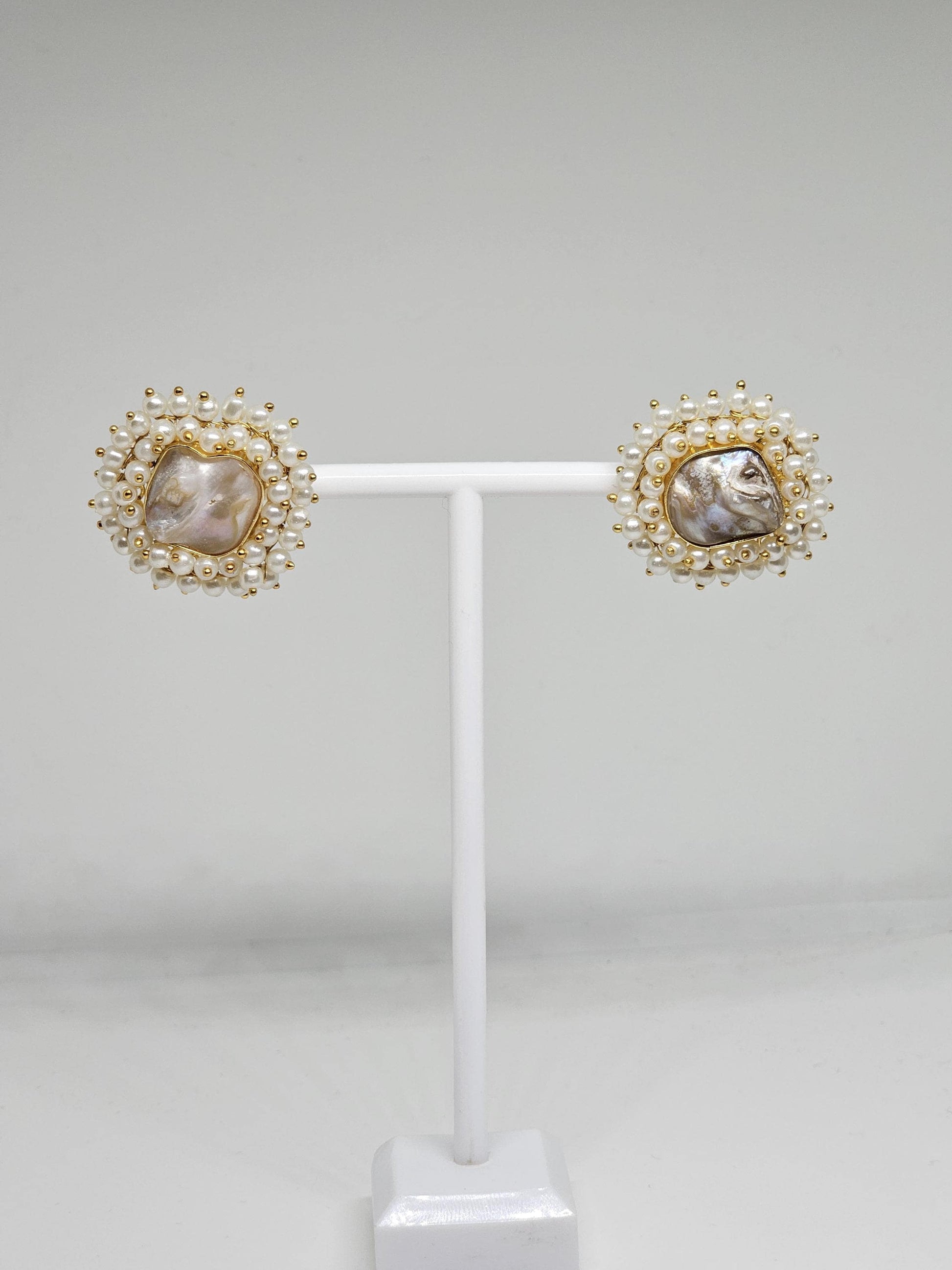 Handmade Baroque Pearl Stud Earrings with Pearl Halo Design – Elegant Brass Jewelry for Women, Lightweight Statement Earrings for Bridal