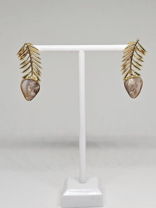Elegant gold leaf earrings with a natural mother-of-pearl drop, featuring a lightweight and intricate design perfect for women seeking unique handmade jewelry
