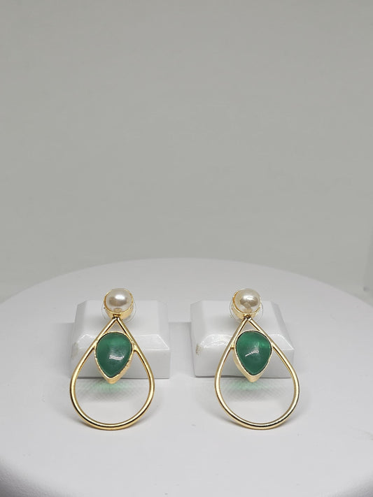 Gold teardrop earrings featuring mother-of-pearl stud and green stone drop, handcrafted for women