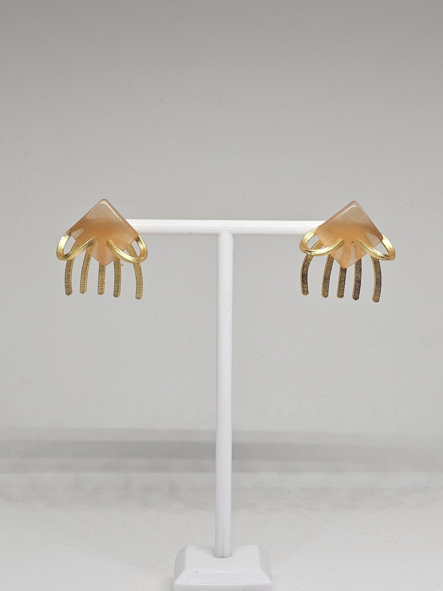 Geometric Stone Stud Earrings with Brass Fringe – Modern Handmade Jewelry in Green, Orange & Peach for Women, Golden Brass Earrings Gift