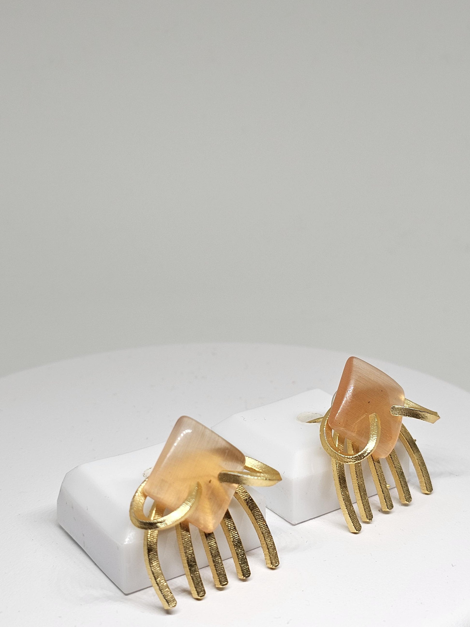 Geometric Stone Stud Earrings with Brass Fringe – Modern Handmade Jewelry in Green, Orange & Peach for Women, Golden Brass Earrings Gift