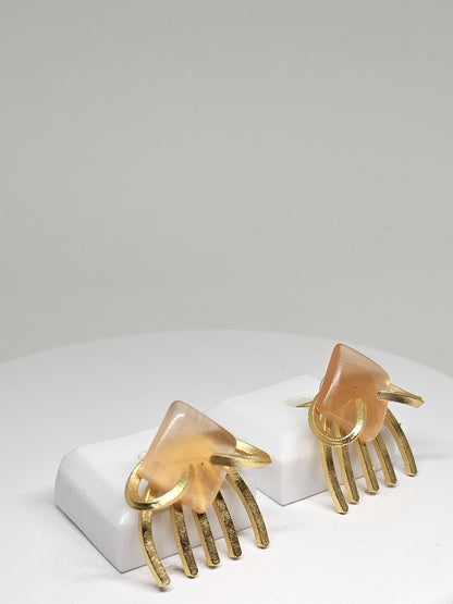 Geometric Stone Stud Earrings with Brass Fringe – Modern Handmade Jewelry in Green, Orange & Peach for Women, Golden Brass Earrings Gift