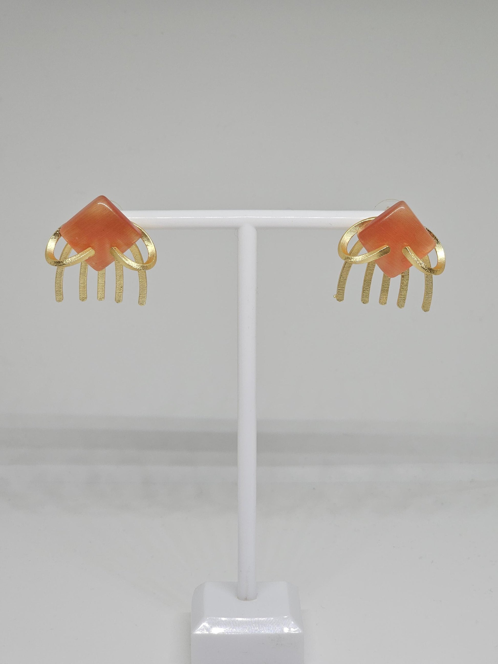 Geometric Stone Stud Earrings with Brass Fringe – Modern Handmade Jewelry in Green, Orange & Peach for Women, Golden Brass Earrings Gift