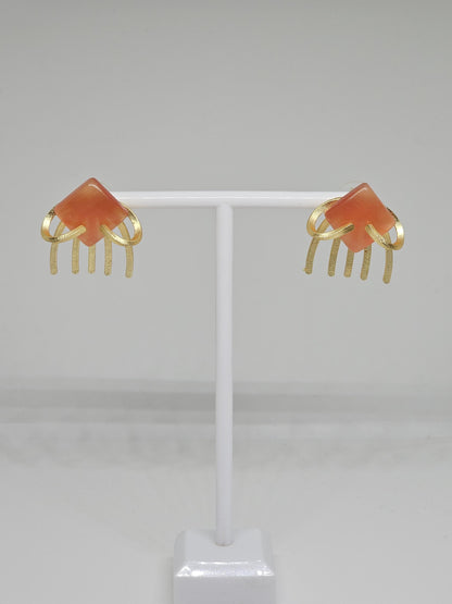 Geometric Stone Stud Earrings with Brass Fringe – Modern Handmade Jewelry in Green, Orange & Peach for Women, Golden Brass Earrings Gift