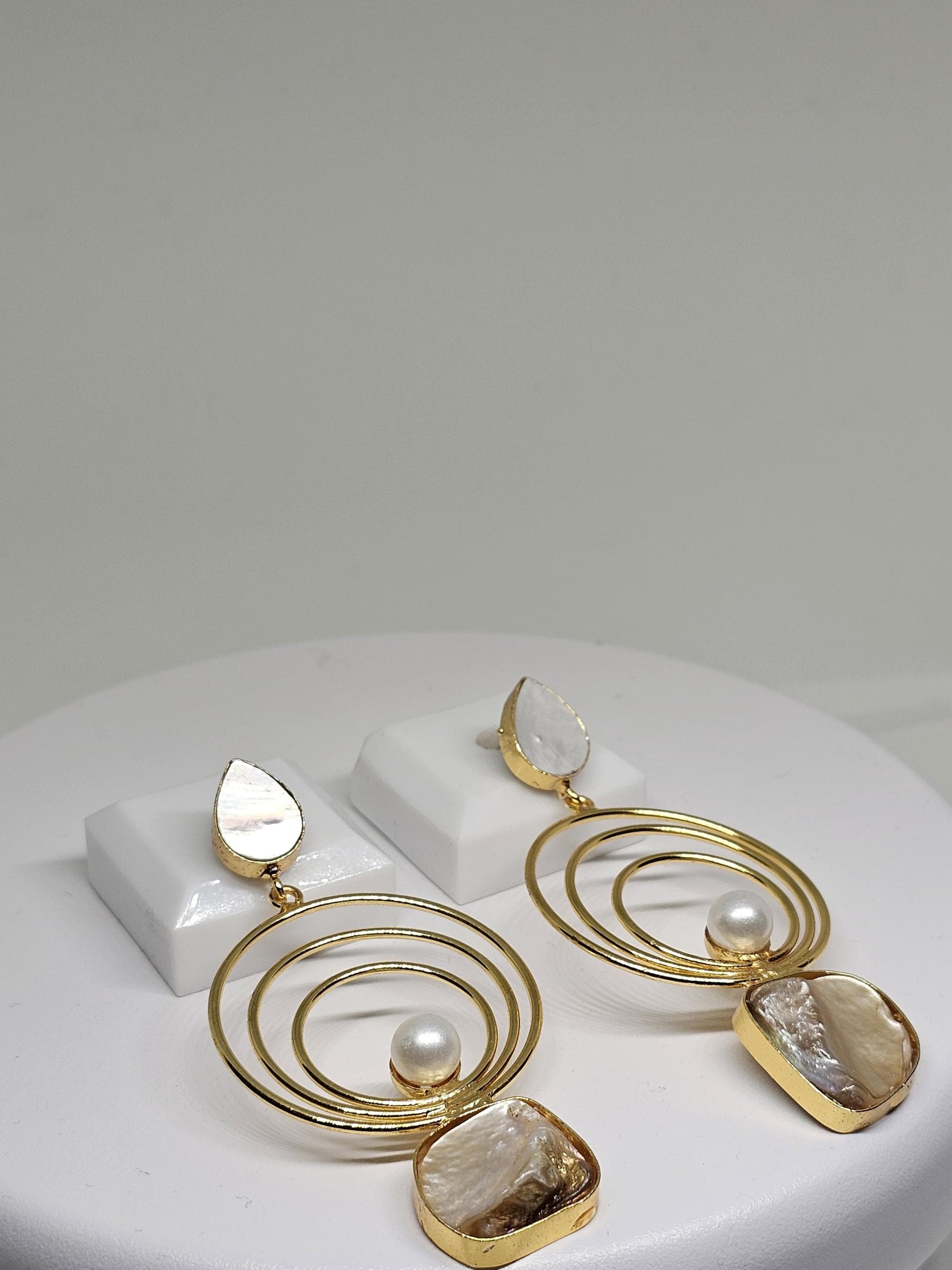 Gold Spiral Drop Earrings with Mother-of-Pearl and Teardrop Studs – Statement Handmade Jewelry for Women, Stone Brass Earrings for Her