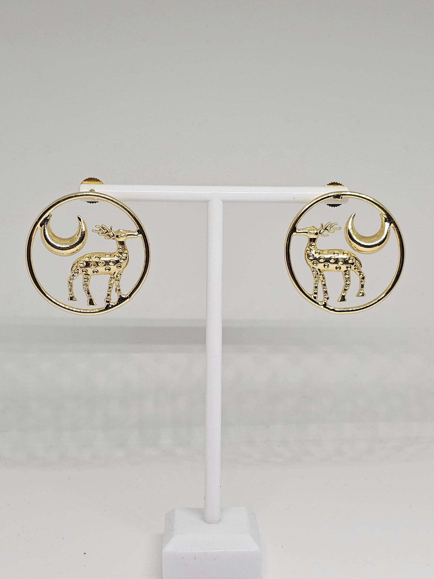 Gold circle earrings with deer and crescent moon design, handmade statement jewelry for women
