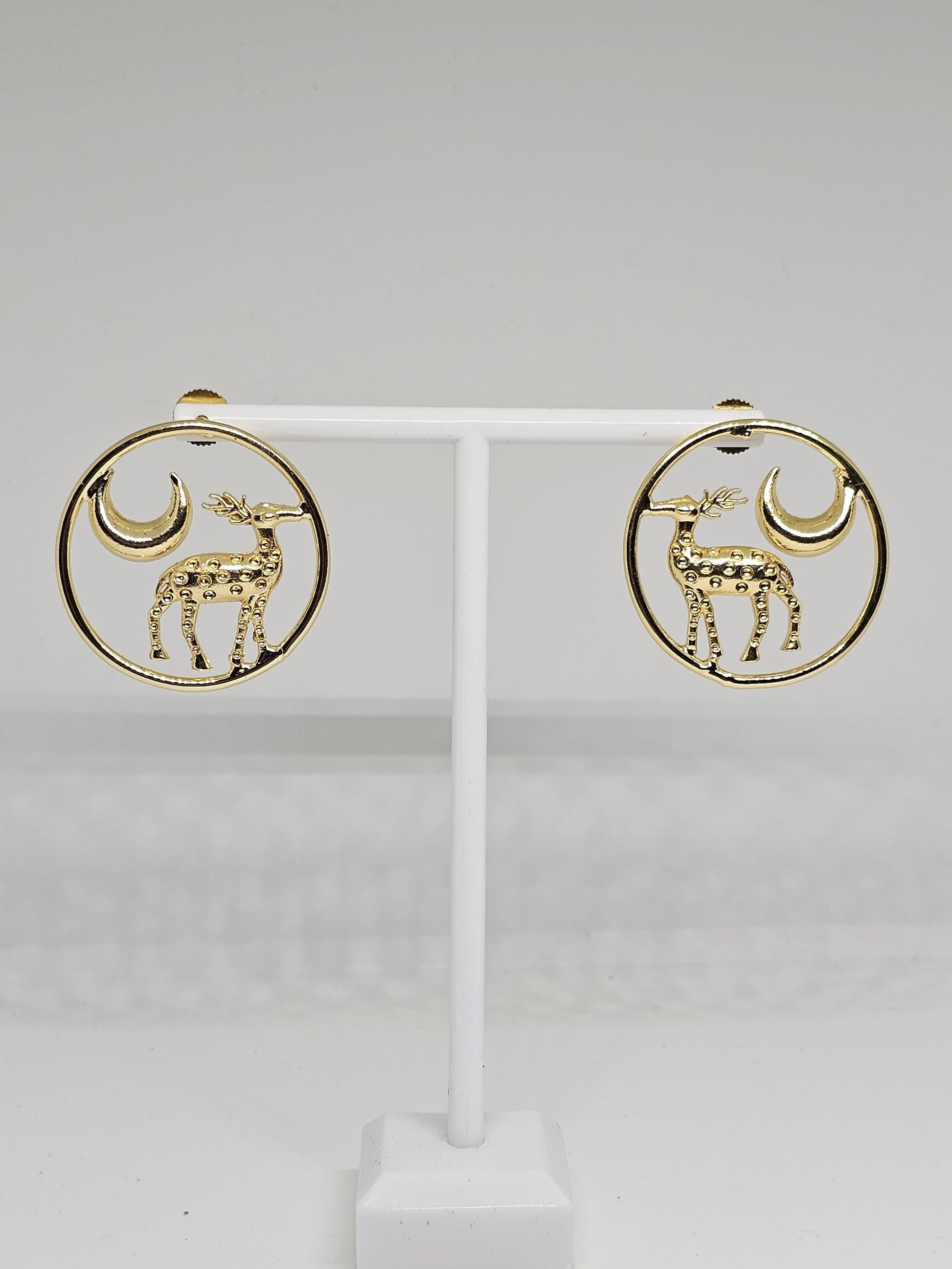 Gold circle earrings with deer and crescent moon design, handmade statement jewelry for women