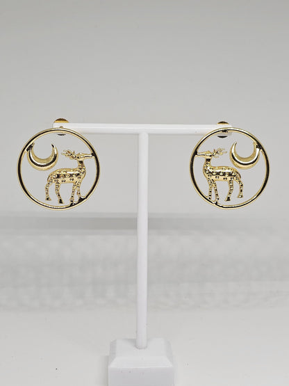 Gold circle earrings with deer and crescent moon design, handmade statement jewelry for women