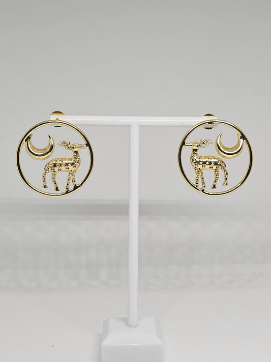 Gold circle earrings with deer and crescent moon design, handmade statement jewelry for women