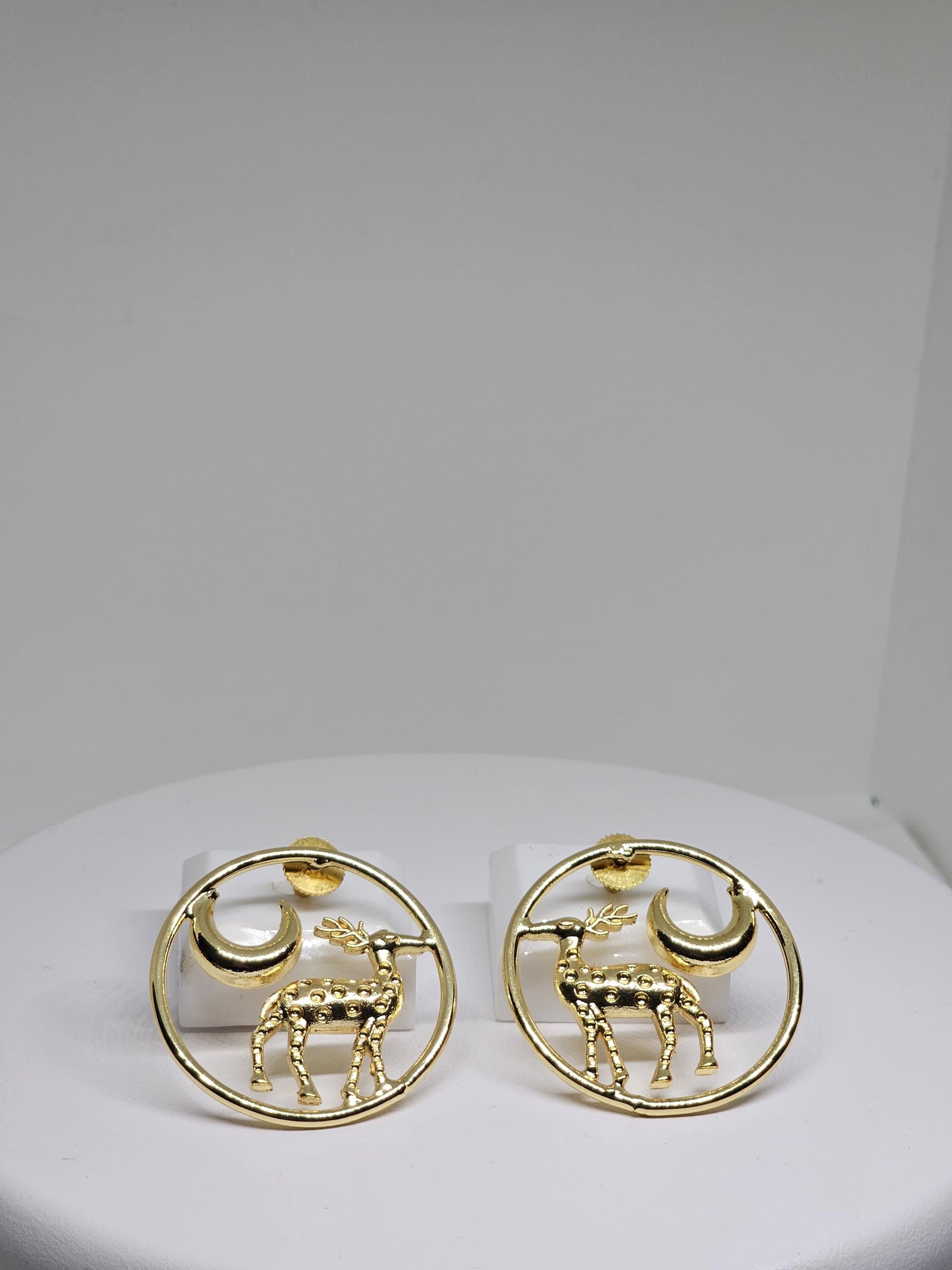Gold circle earrings with deer and crescent moon design, handmade statement jewelry for women