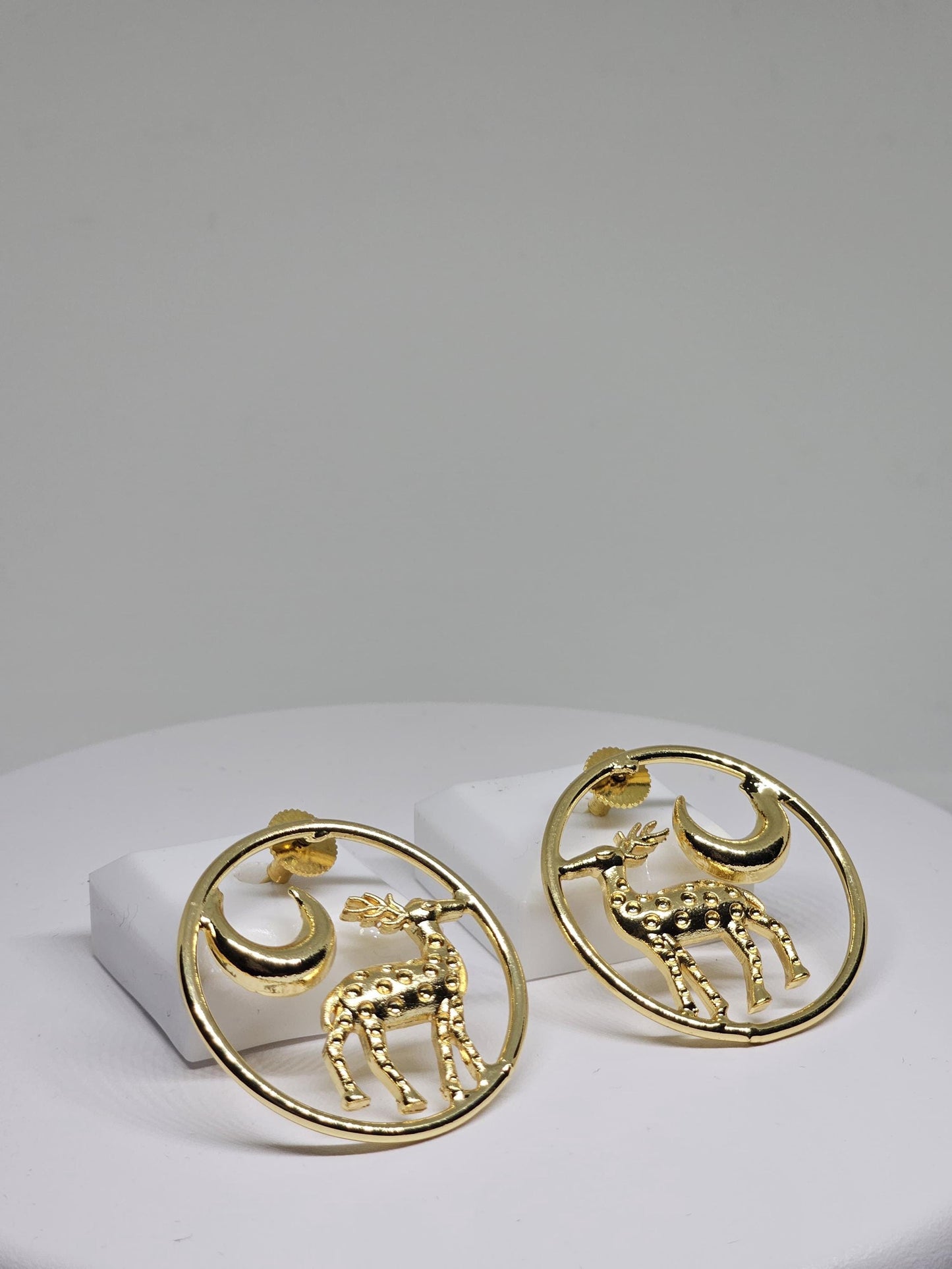 Gold circle earrings with deer and crescent moon design, handmade statement jewelry for women