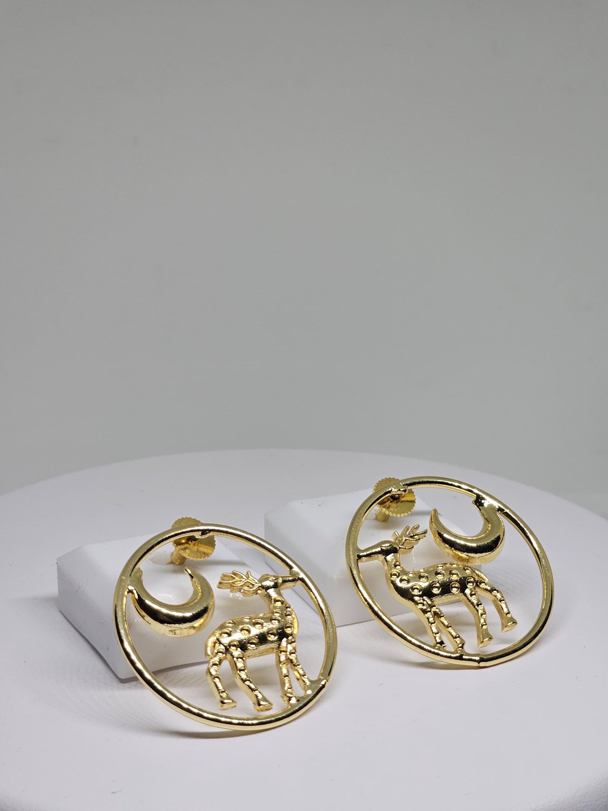 Gold circle earrings with deer and crescent moon design, handmade statement jewelry for women