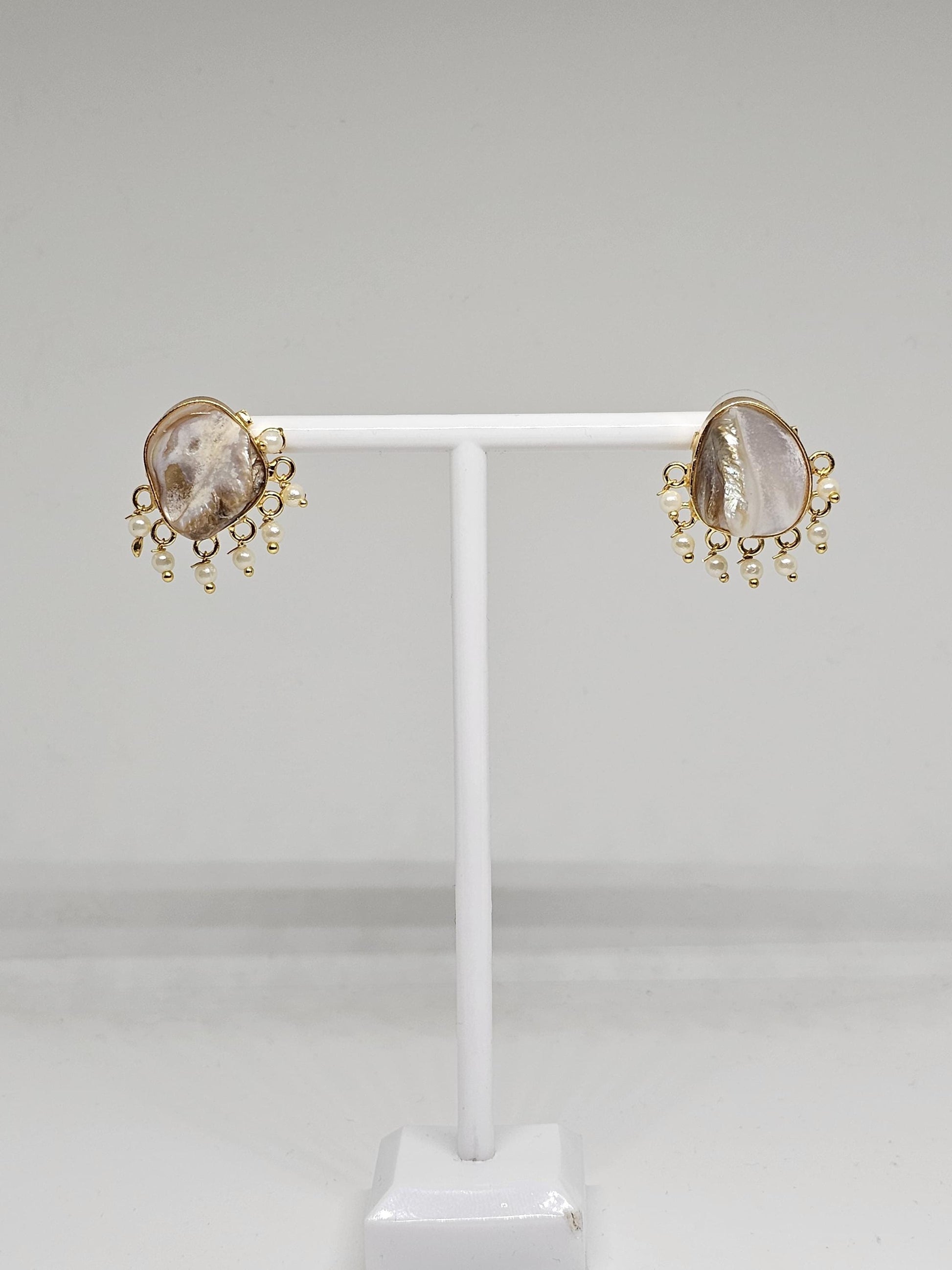 Gold Mother of Pearl Stud Earrings - Handmade Ethnic Earrings, Indian Bridal Earrings, Traditional Jewelry, Gift for Women