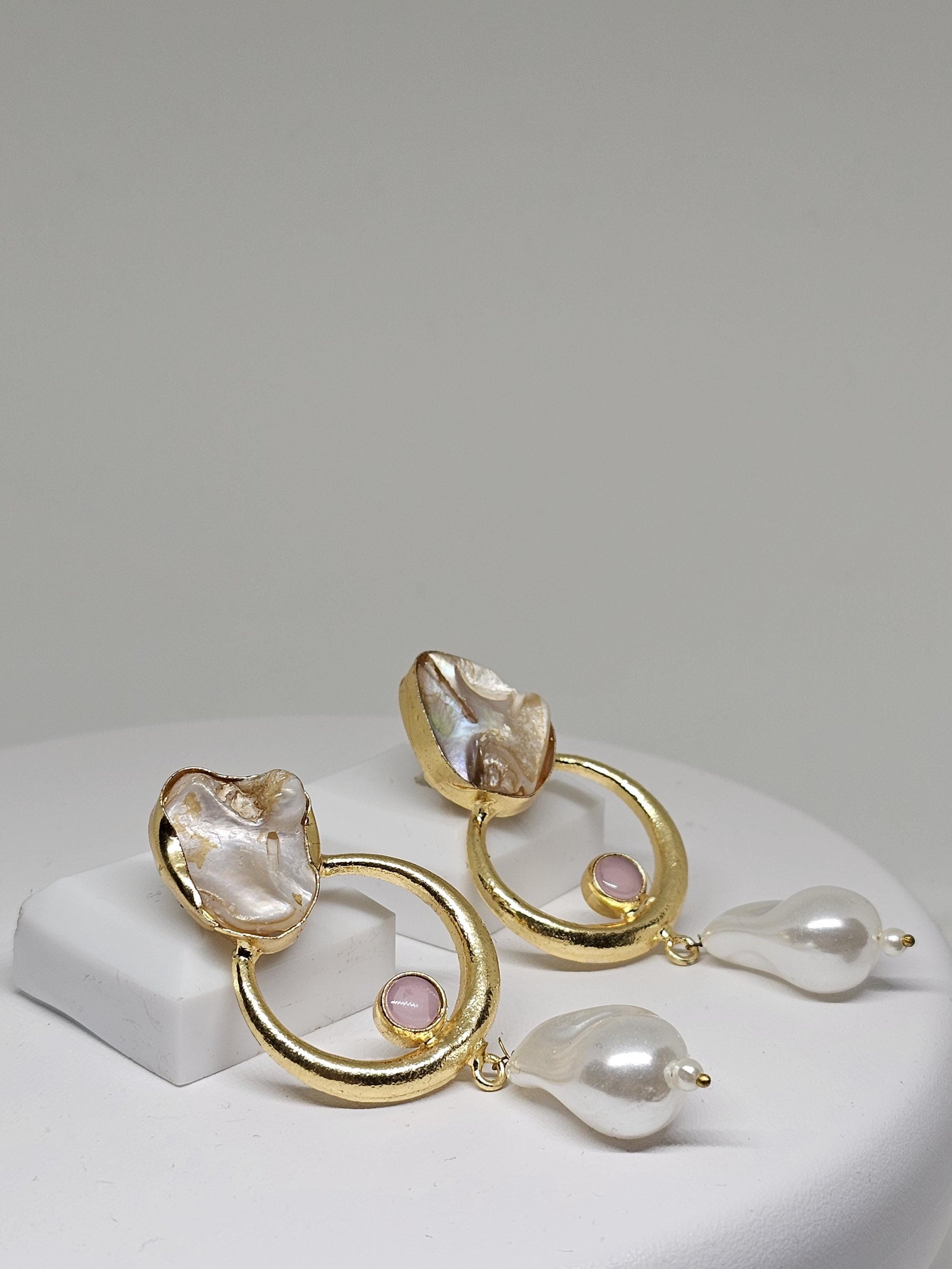 Baroque Pearl Drop Earrings – Gold-Plated Dangle Earrings – Handmade Natural Stone Earrings – Elegant Statement Earrings for Women
