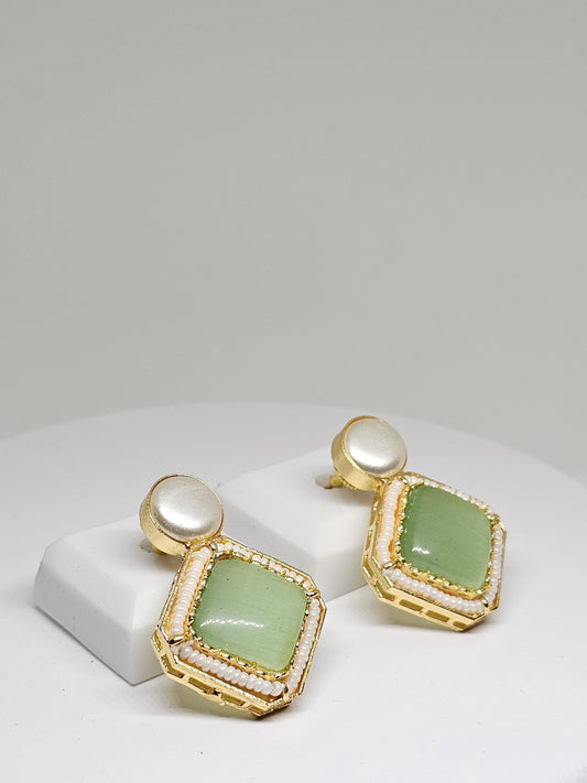 Green Square Stone Earrings with Beaded Border – Handmade Gold Stud Earrings for Women’s Unique Statement Style, Gift Ideas for her