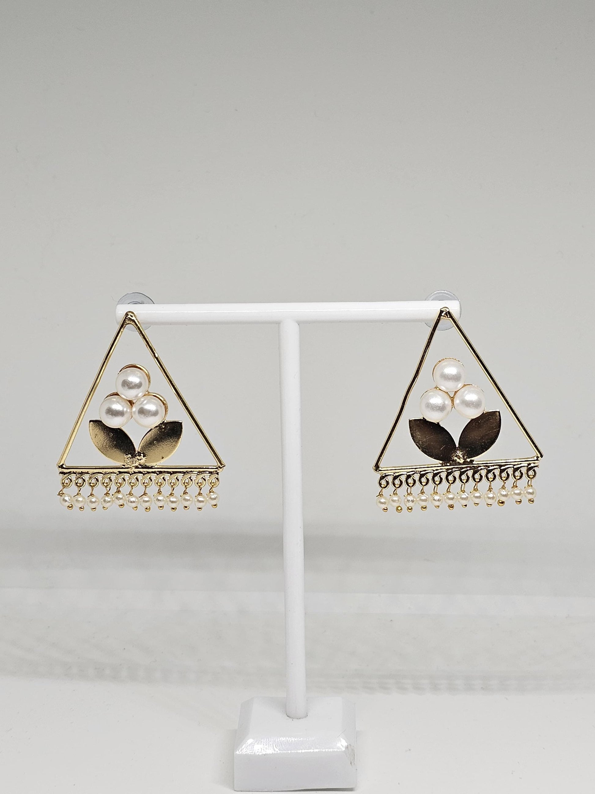 Elegant Triangle Pearl Earrings with Leaf Design, Lightweight Geometric Earrings for Women, Golden Brass Handmade Jewelry Gift for Her
