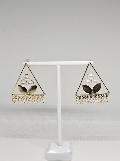 Elegant Triangle Pearl Earrings with Leaf Design, Lightweight Geometric Earrings for Women, Golden Brass Handmade Jewelry Gift for Her