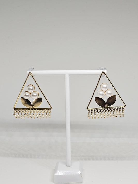 Elegant Triangle Pearl Earrings with Leaf Design, Lightweight Geometric Earrings for Women, Golden Brass Handmade Jewelry Gift for Her