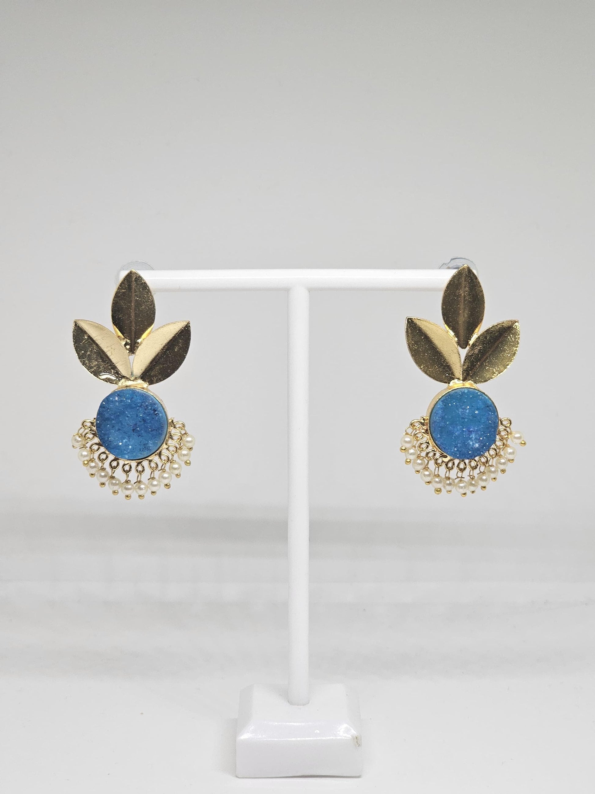Leaf Design Earrings with Natural Stone Accent and Pearl Drops – Blue and Green Variants, Statement Brass Earrings for Women , Gold Plated