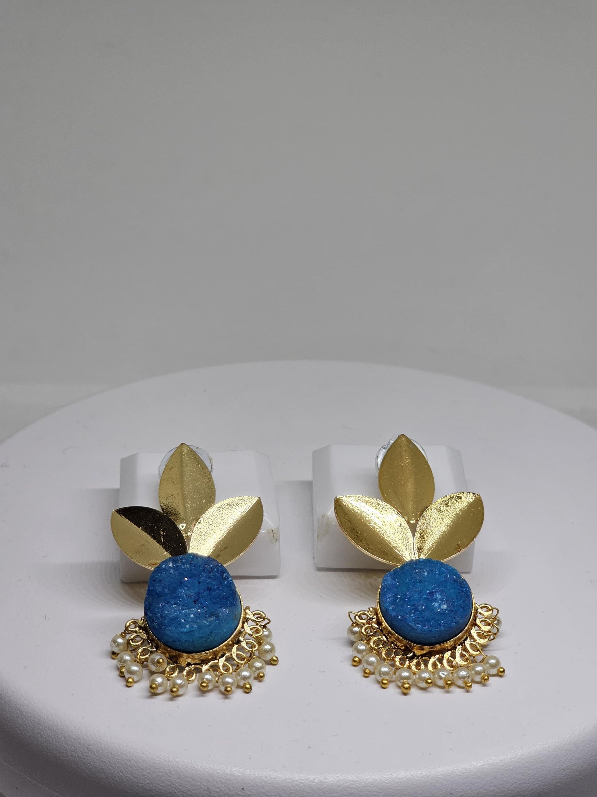 Leaf Design Earrings with Natural Stone Accent and Pearl Drops – Blue and Green Variants, Statement Brass Earrings for Women , Gold Plated