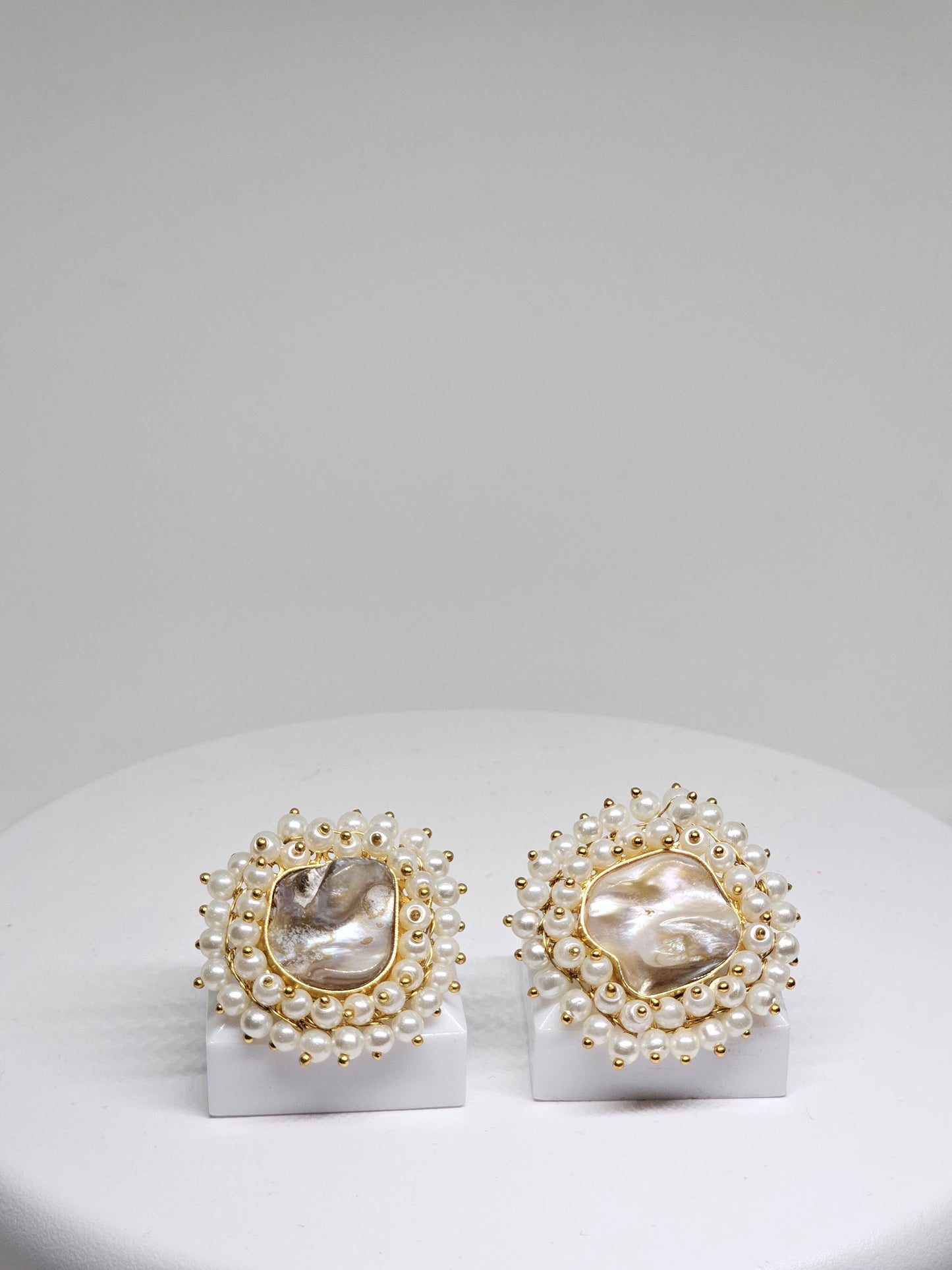 Handmade Baroque Pearl Stud Earrings with Pearl Halo Design – Elegant Brass Jewelry for Women, Lightweight Statement Earrings for Bridal