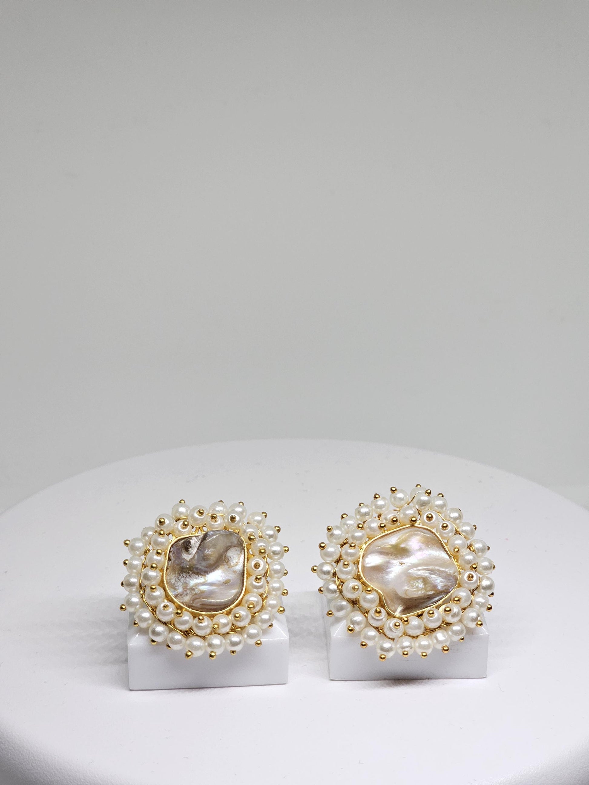 Handmade Baroque Pearl Stud Earrings with Pearl Halo Design – Elegant Brass Jewelry for Women, Lightweight Statement Earrings for Bridal