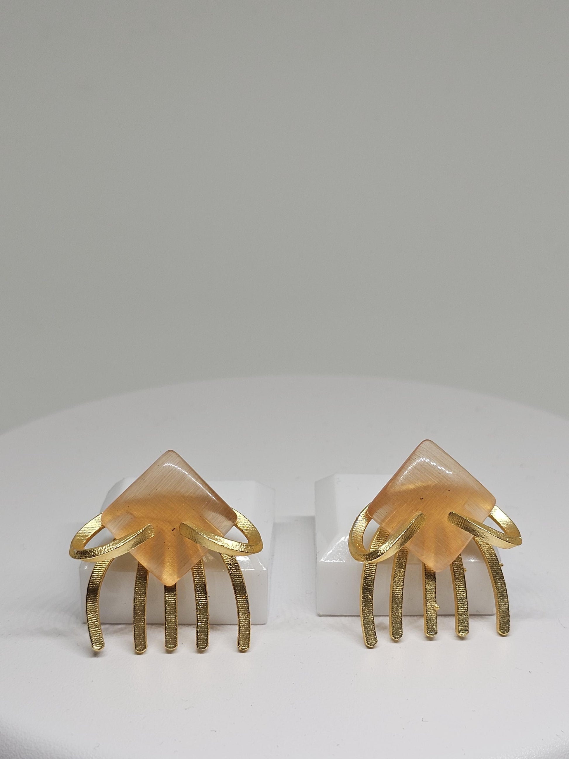 Geometric Stone Stud Earrings with Brass Fringe – Modern Handmade Jewelry in Green, Orange & Peach for Women, Golden Brass Earrings Gift