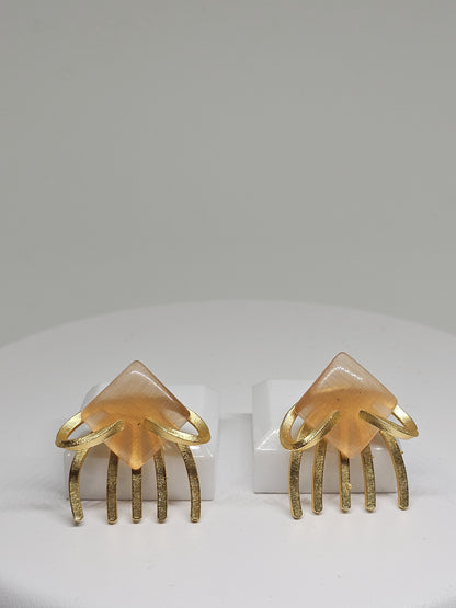 Geometric Stone Stud Earrings with Brass Fringe – Modern Handmade Jewelry in Green, Orange & Peach for Women, Golden Brass Earrings Gift